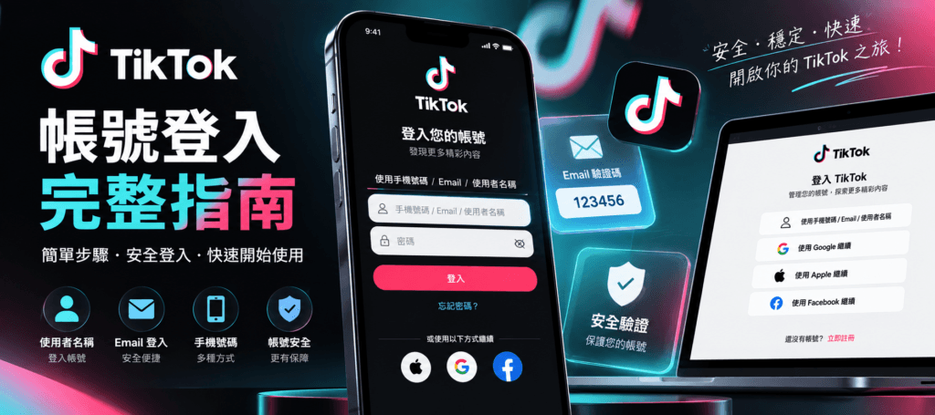 TikTok 帳號登入教學示意圖，展示手機與電腦登入畫面